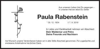 Traueranzeige von Paula Rabenstein von Der Bote
