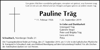 Traueranzeige von Pauline Träg von Pegnitz-Zeitung