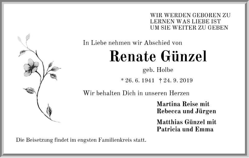  Traueranzeige für Renate Günzel vom 30.09.2019 aus Der Bote