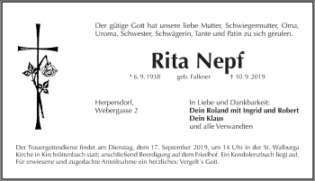 Traueranzeige von Rita Nepf von Pegnitz-Zeitung