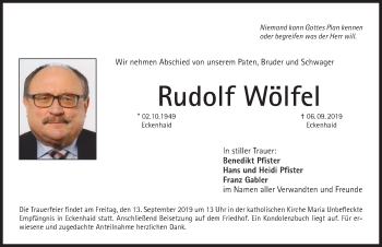 Traueranzeige von Rudolf Wölfel von Pegnitz-Zeitung