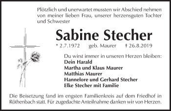 Traueranzeige von Sabine Stecher von Pegnitz-Zeitung