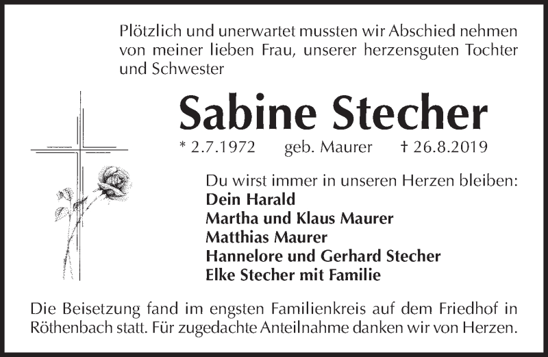  Traueranzeige für Sabine Stecher vom 07.09.2019 aus Pegnitz-Zeitung