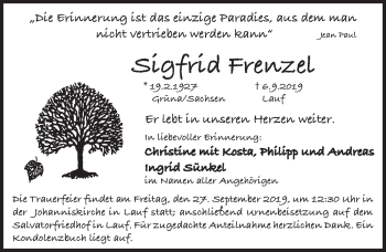 Traueranzeige von Sigfrid Frenzel von Pegnitz-Zeitung