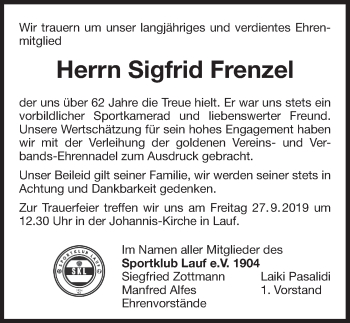 Traueranzeige von Sigfrid Frenzel von Pegnitz-Zeitung