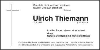 Traueranzeige von Ulrich Thiemann von Pegnitz-Zeitung