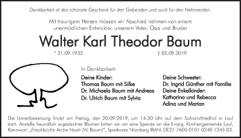 Traueranzeige von Walter Karl Theodor Baum von Pegnitz-Zeitung