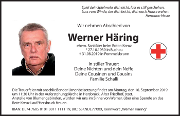 Traueranzeige von Werner Häring von Hersbrucker Zeitung