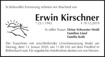 Traueranzeige von Erwin Kirschner von Pegnitz-Zeitung