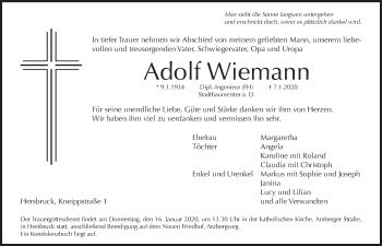 Traueranzeige von Adolf Wiemann von Hersbrucker Zeitung