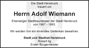Traueranzeige von Adolf Wiemann von Hersbrucker Zeitung