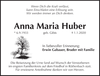 Traueranzeige von Anna Maria Huber von Pegnitz-Zeitung