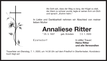 Traueranzeige von Annaliese Ritter von Der Bote