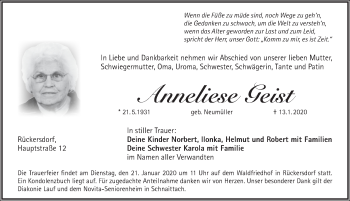 Traueranzeige von Anneliese Geist von Pegnitz-Zeitung