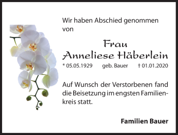 Traueranzeige von Anneliese Häberlein von Hersbrucker Zeitung