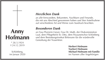 Traueranzeige von Anny Hofmann von Pegnitz-Zeitung