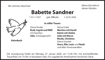 Traueranzeige von Babette Sandner von Hersbrucker Zeitung