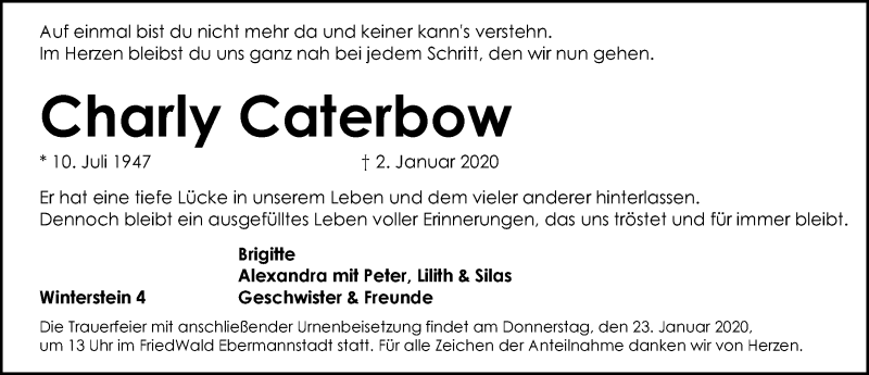  Traueranzeige für Charly Caterbow vom 18.01.2020 aus Pegnitz-Zeitung