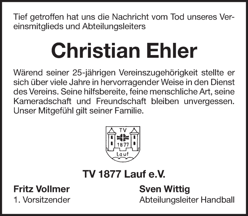  Traueranzeige für Christian Ehler vom 25.01.2020 aus Pegnitz-Zeitung