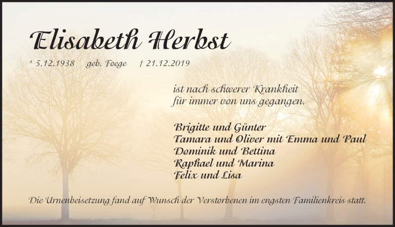  Traueranzeige für Elisabeth Herbst vom 04.01.2020 aus Pegnitz-Zeitung