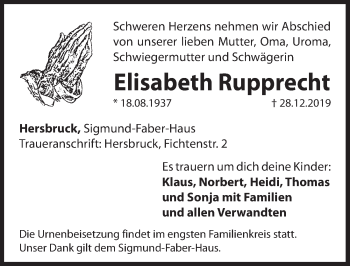 Traueranzeige von Elisabeth Rupprecht von Hersbrucker Zeitung