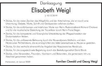 Traueranzeige von Elisabeth Weigl von Hersbrucker Zeitung