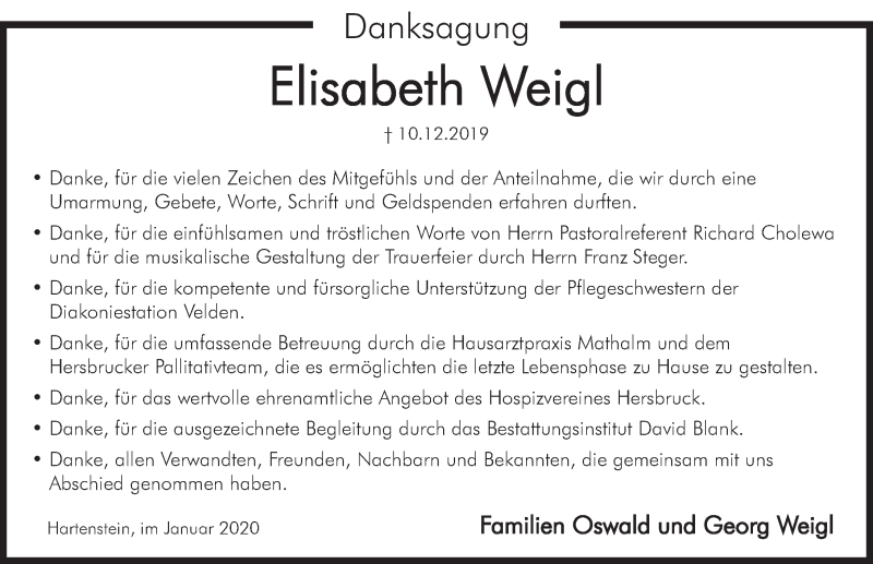  Traueranzeige für Elisabeth Weigl vom 11.01.2020 aus Hersbrucker Zeitung