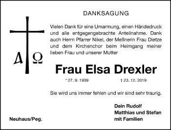 Traueranzeige von Elsa Drexler von Hersbrucker Zeitung