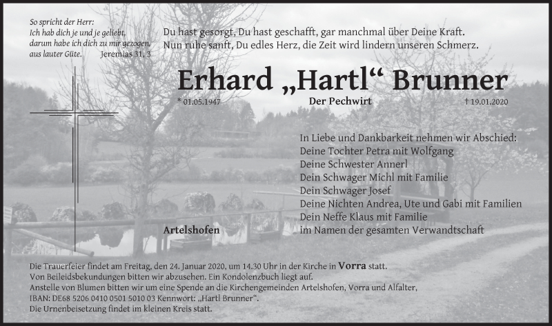  Traueranzeige für Erhard Brunner vom 22.01.2020 aus Hersbrucker Zeitung