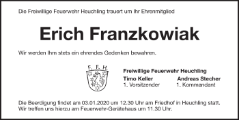 Traueranzeige von Erich Franzkowiak von Pegnitz-Zeitung