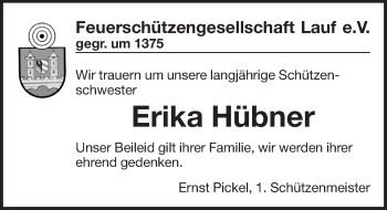 Traueranzeige von Erika Hübner von Pegnitz-Zeitung
