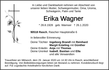 Traueranzeige von Erika Wagner von Der Bote