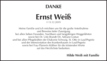 Traueranzeige von Ernst Weiß von Pegnitz-Zeitung