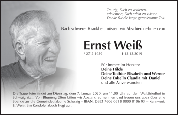 Traueranzeige von Ernst Weiß von Pegnitz-Zeitung