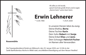Traueranzeige von Erwin Lehnerer von Hersbrucker Zeitung