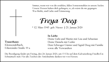 Traueranzeige von Freya Deeg von Pegnitz-Zeitung
