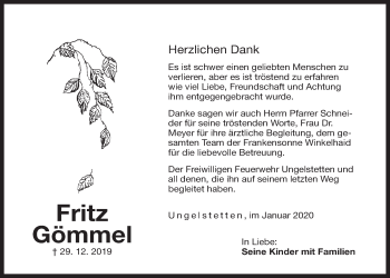 Traueranzeige von Fritz Gömmel von Der Bote