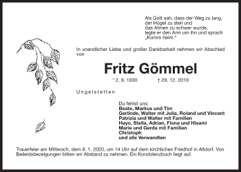 Traueranzeige von Fritz Gömmel von Der Bote