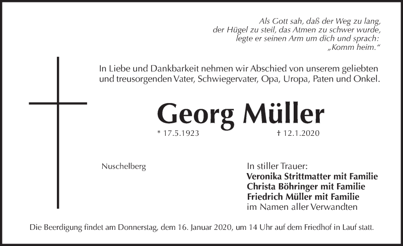  Traueranzeige für Georg Müller vom 14.01.2020 aus Pegnitz-Zeitung