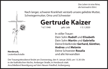 Traueranzeige von Gertrude Kaizer von Hersbrucker Zeitung