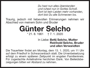 Traueranzeige von Günter Selcho von Der Bote