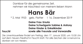 Traueranzeige von Hans Bär von Der Bote