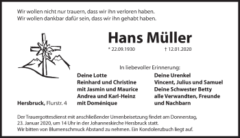 Traueranzeige von Hans Müller von Hersbrucker Zeitung