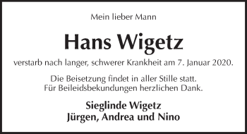 Traueranzeige von Hans Wigetz von Pegnitz-Zeitung
