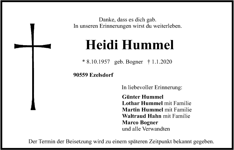 Traueranzeige für Heidi Hummel vom 04.01.2020 aus Der Bote