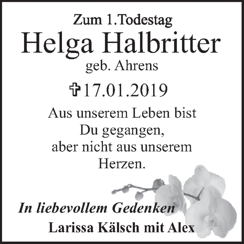  Traueranzeige für Helga Halbritter vom 17.01.2020 aus Pegnitz-Zeitung