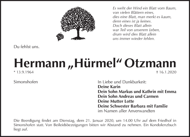  Traueranzeige für Hermann Otzmann vom 18.01.2020 aus Pegnitz-Zeitung