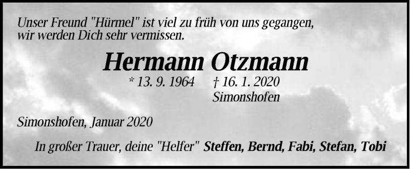  Traueranzeige für Hermann Otzmann vom 18.01.2020 aus Pegnitz-Zeitung