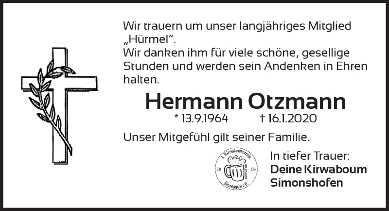  Traueranzeige für Hermann Otzmann vom 18.01.2020 aus Pegnitz-Zeitung