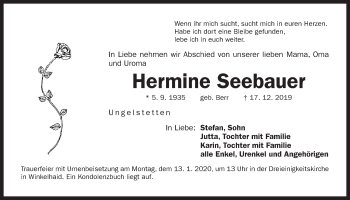 Traueranzeige von Hermine Seebauer von Der Bote